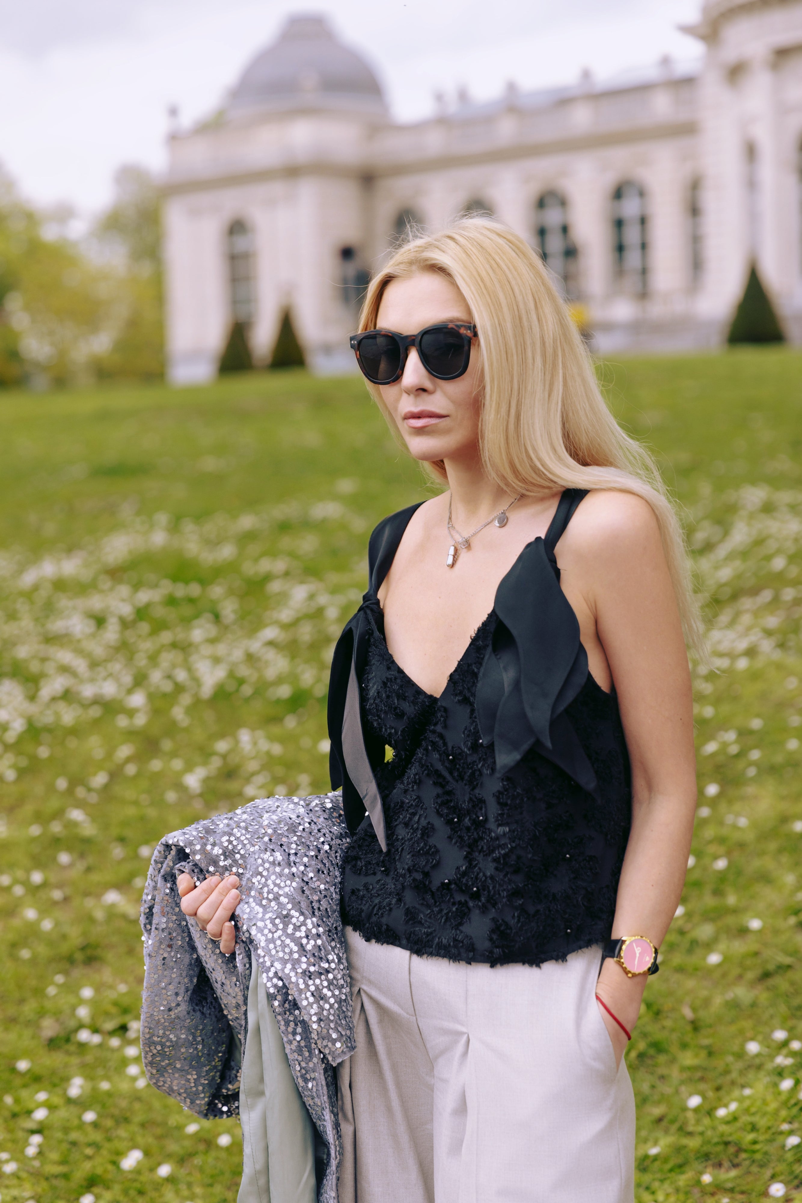 Designer V Neck Tie Shoulder Top