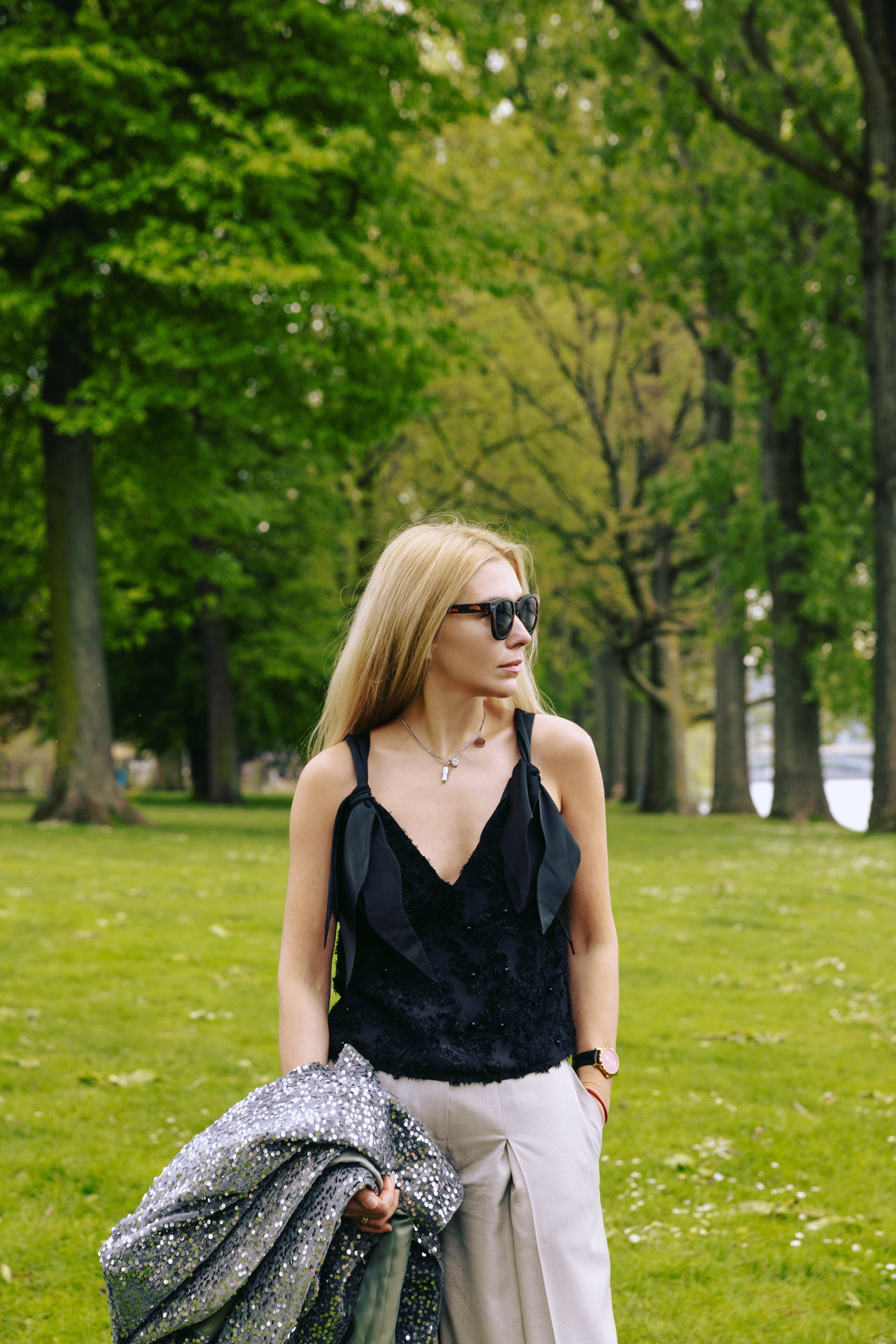 Designer V Neck Tie Shoulder Top