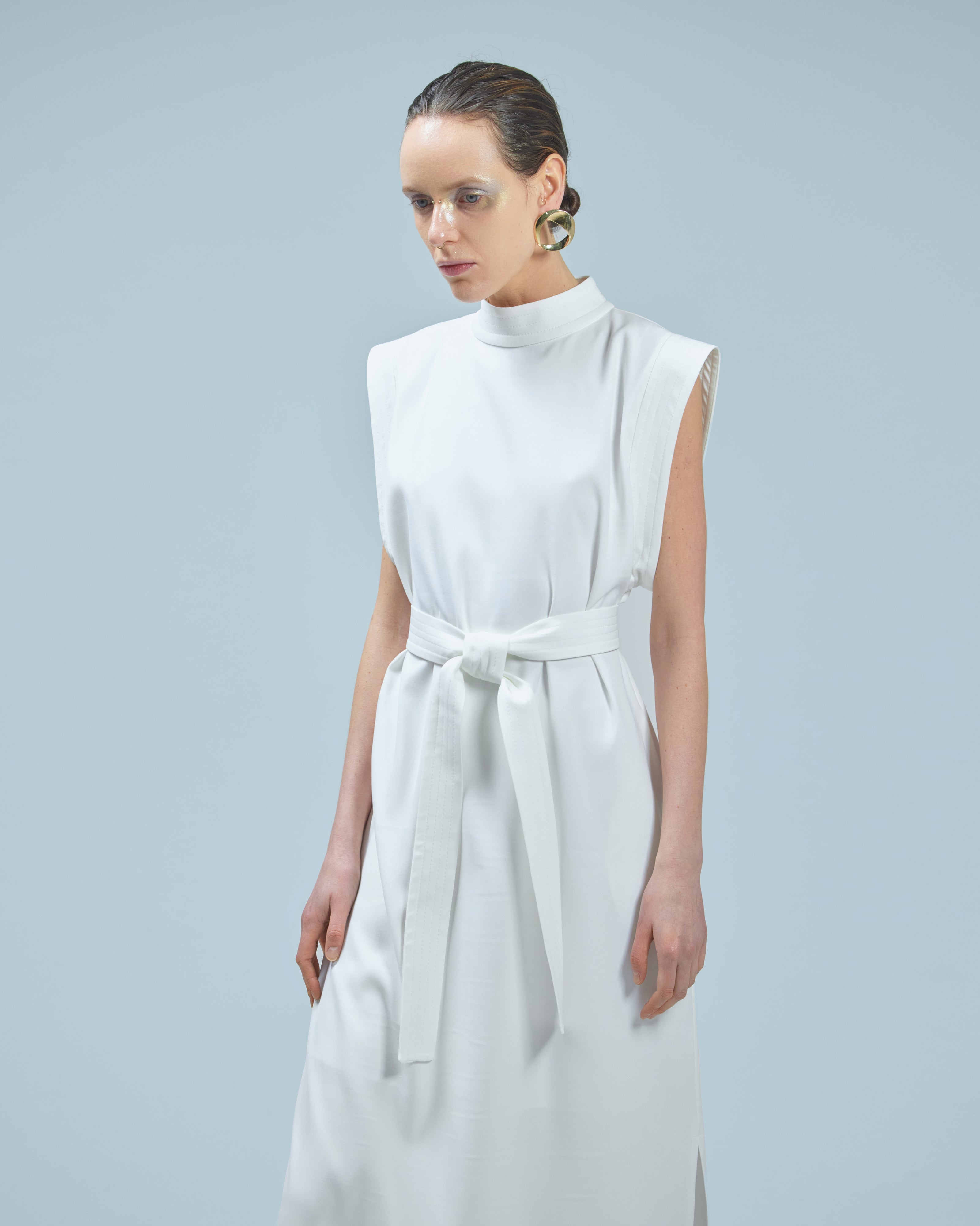 Stylish Straight Dress With Belt White