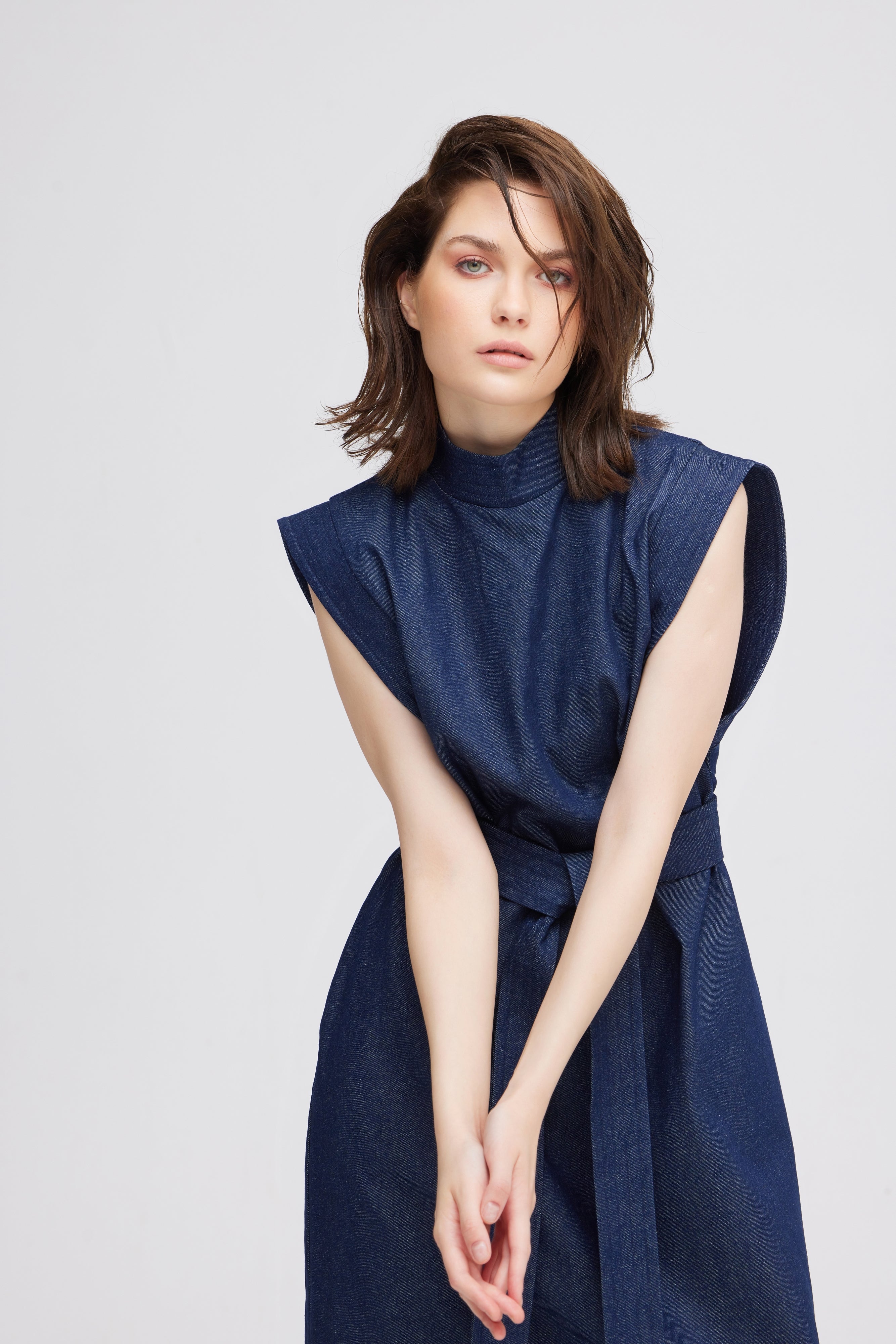 Stylish Straight Dress With Belt Blue Denim