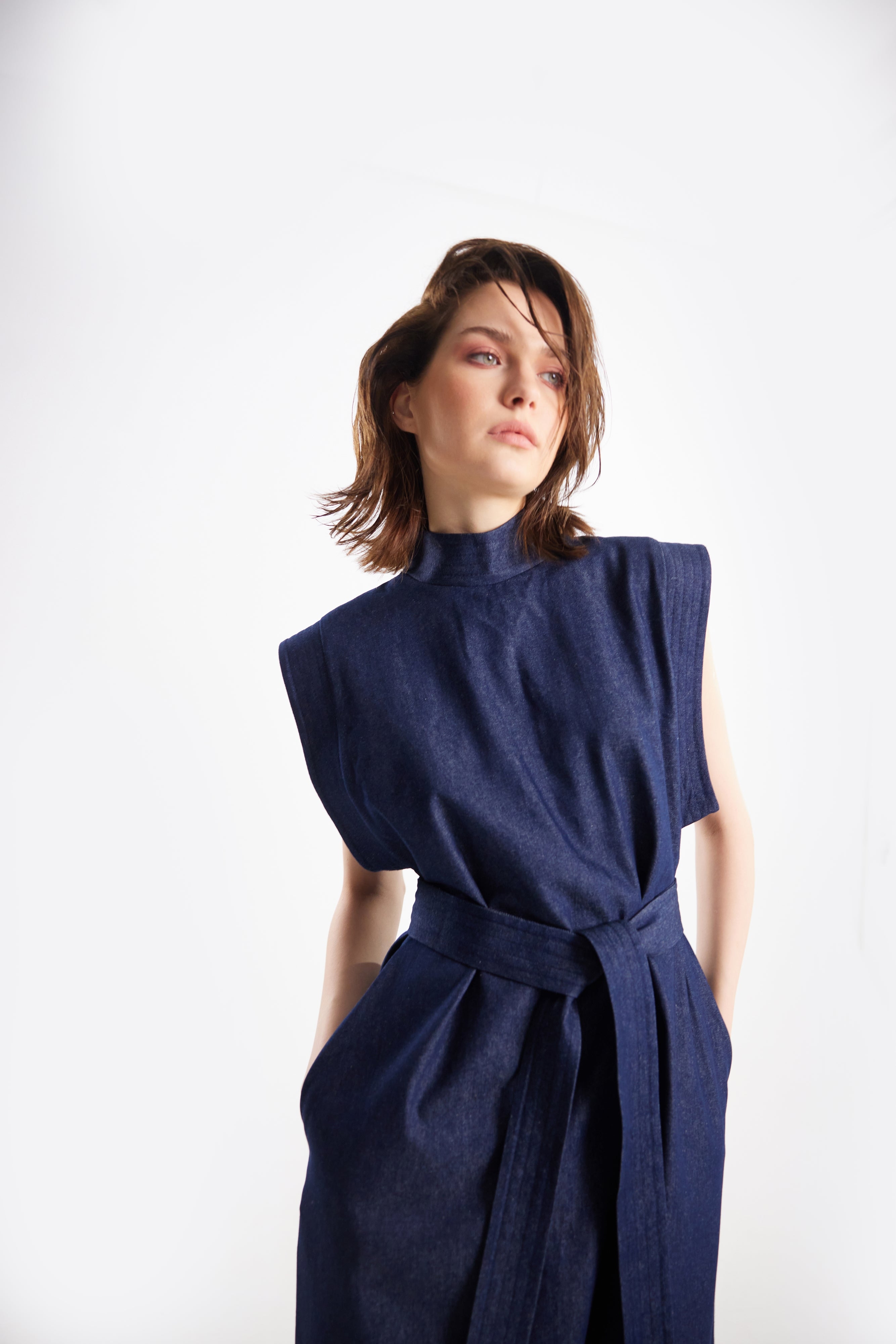 Stylish Straight Dress With Belt Blue Denim