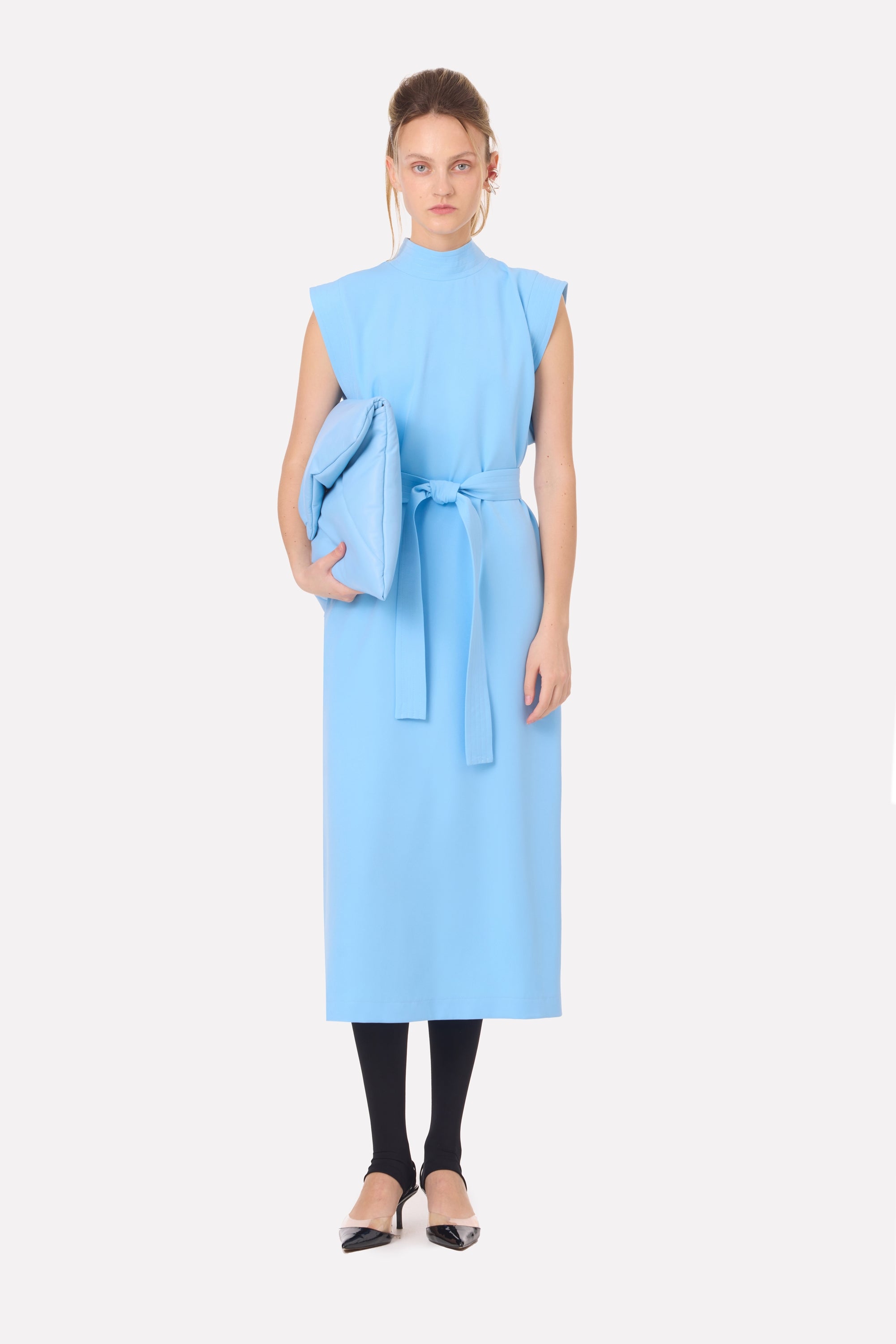Stylish Straight Dress With Belt Light Blue