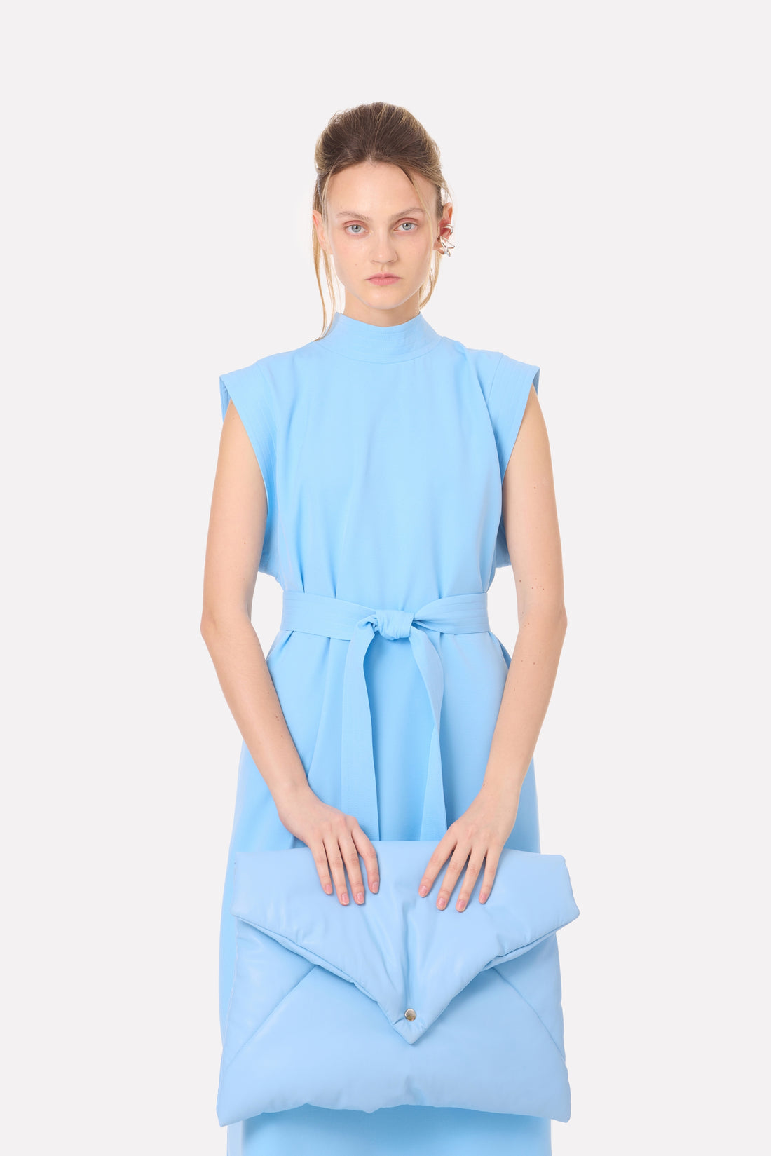 Stylish Straight Dress With Belt Light Blue