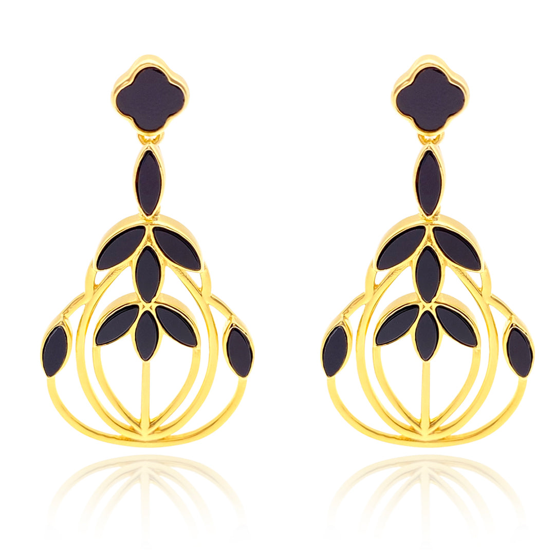 Floral Escape Cocktail Earrings Black Agate Rose Gold