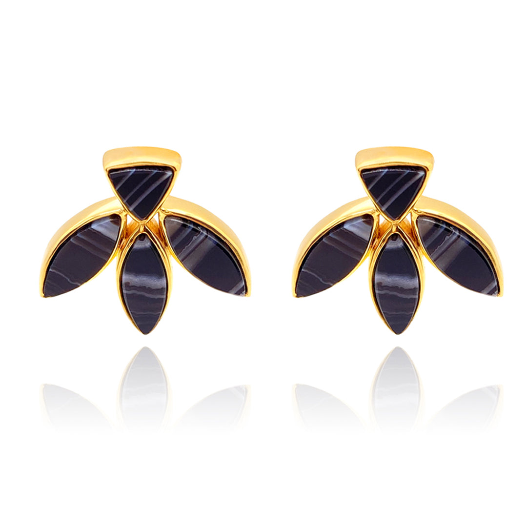 Floral Escape Stud Earrings Black Banded Agate Rose Gold