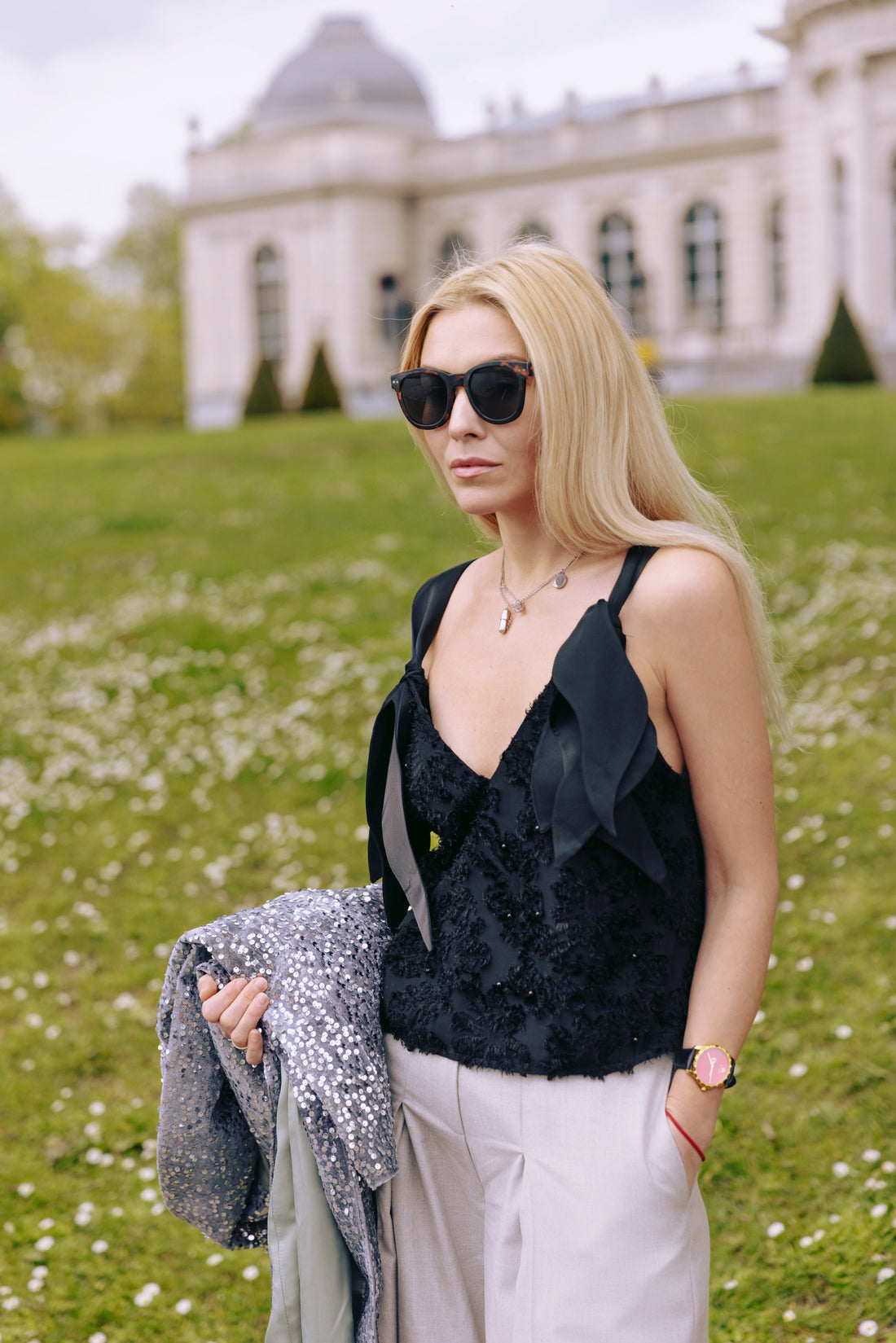 Designer V Neck Tie Shoulder Top