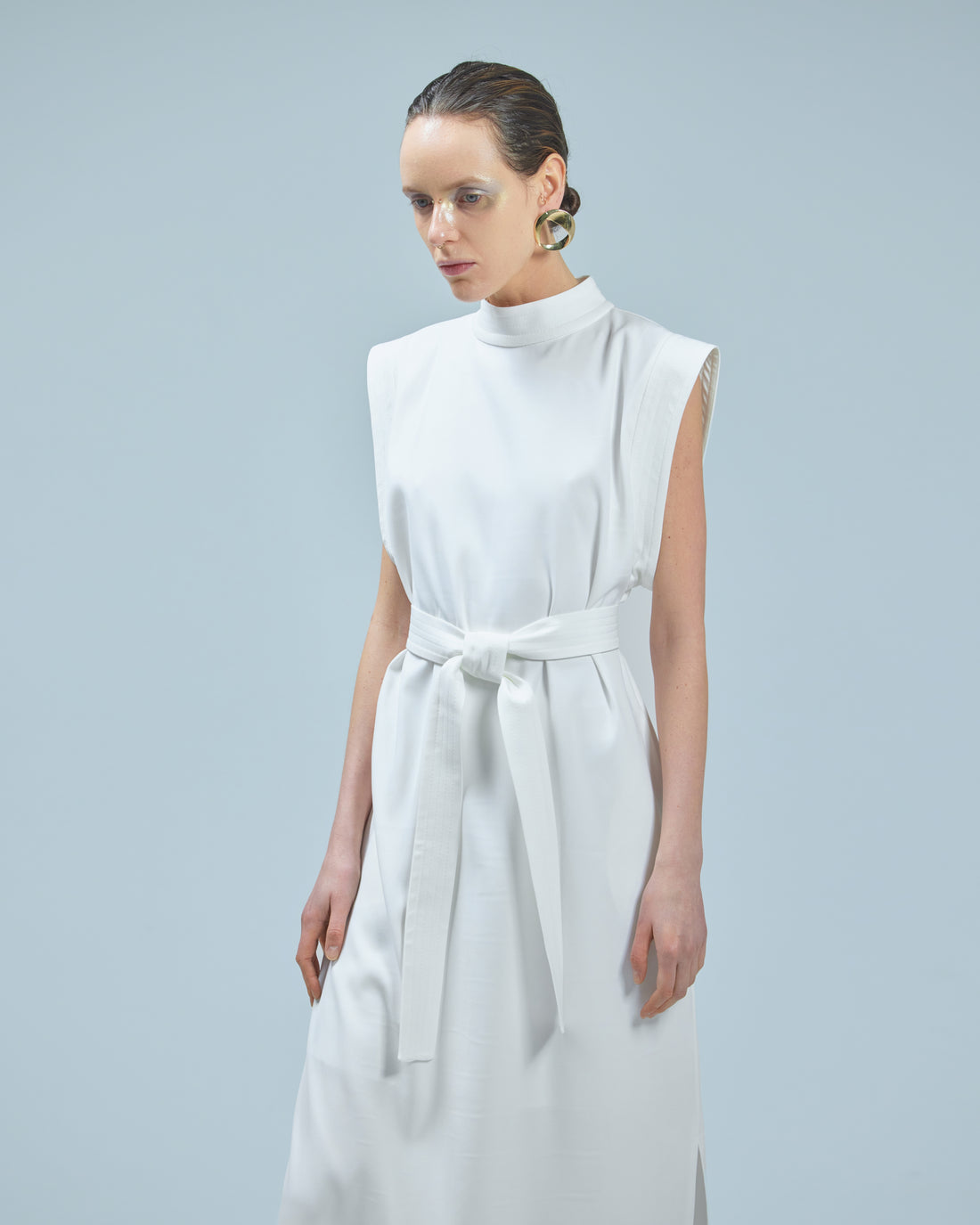 Stylish Straight Dress With Belt White